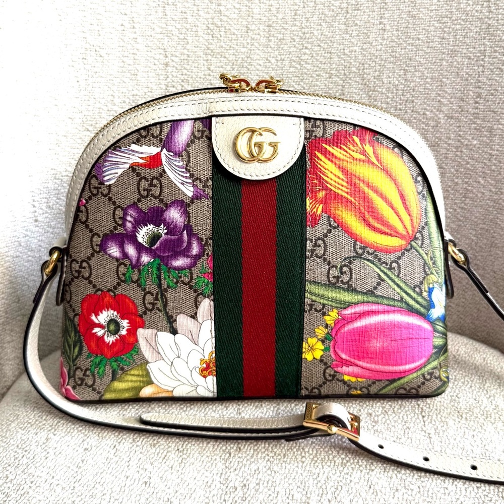 Authentic Gucci Ophedia Flora dome crossbody bag white leather floral print